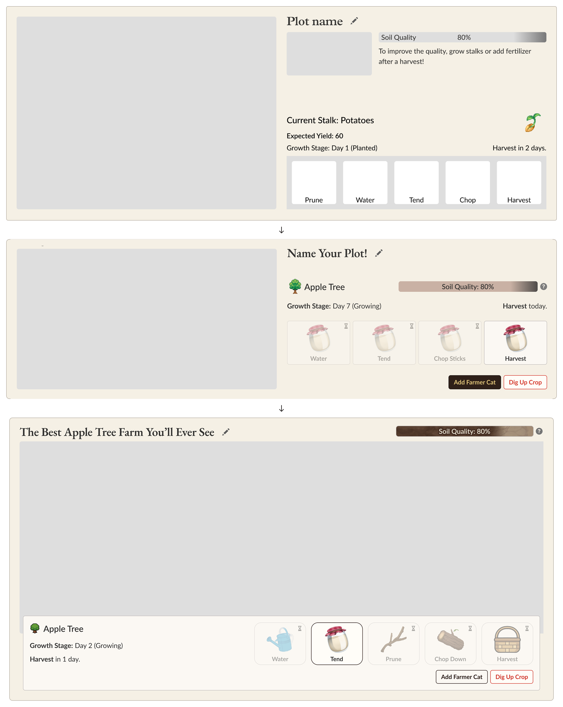 Three early UI mockups of a farming system with editable plot names, soil quality, crop icons, action buttons, and placeholder crop visuals.