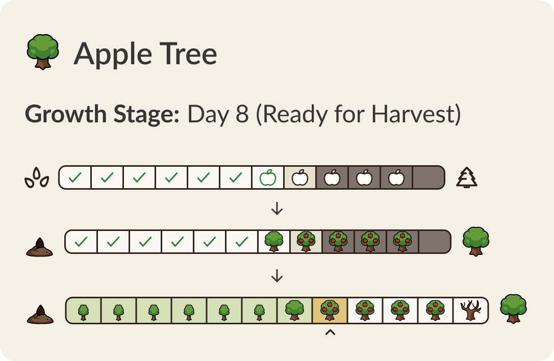 A visual breakdown of an apple tree's growth stages, from seedling to harvest.