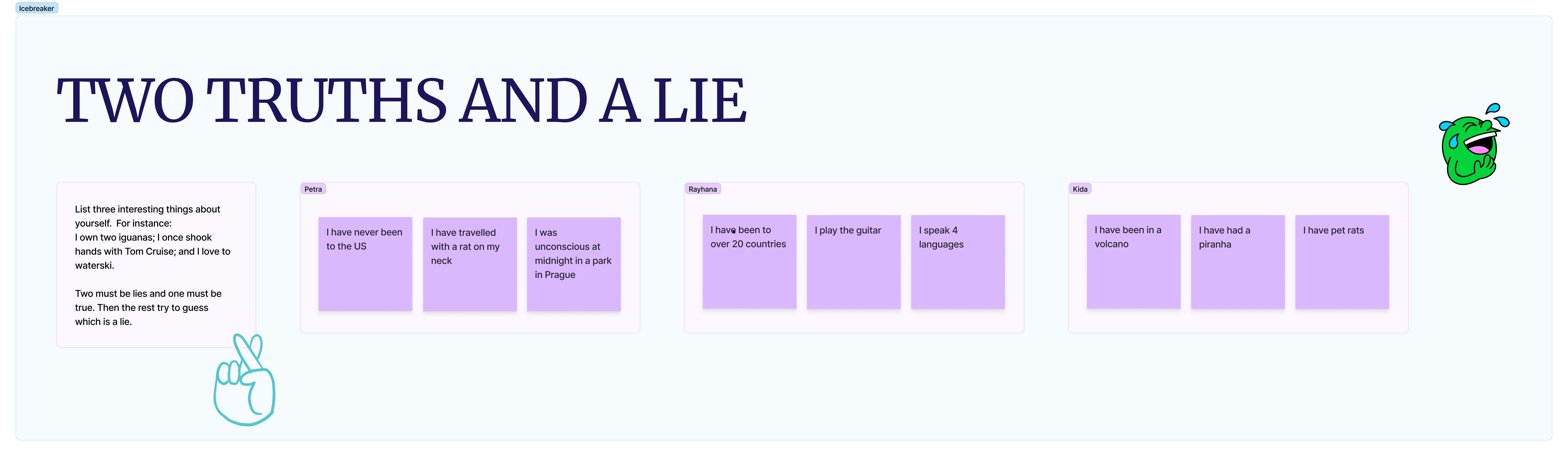 A screenshot from Figjam. Three people have three note-its each, in them are written two truths and one lie.
