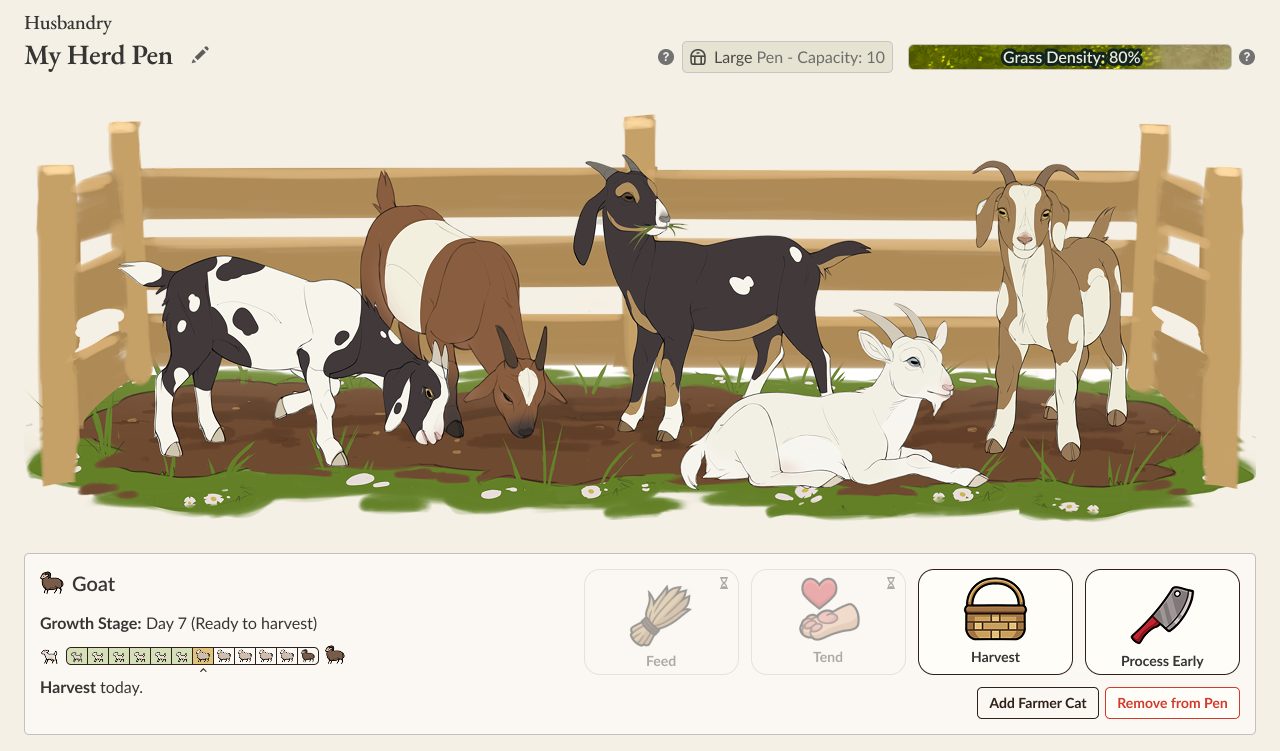 Husbandry interface with illustrated goats in a wooden pen. Shows pen capacity, grass density, goat growth stage, and actions like feed, harvest, or process early.